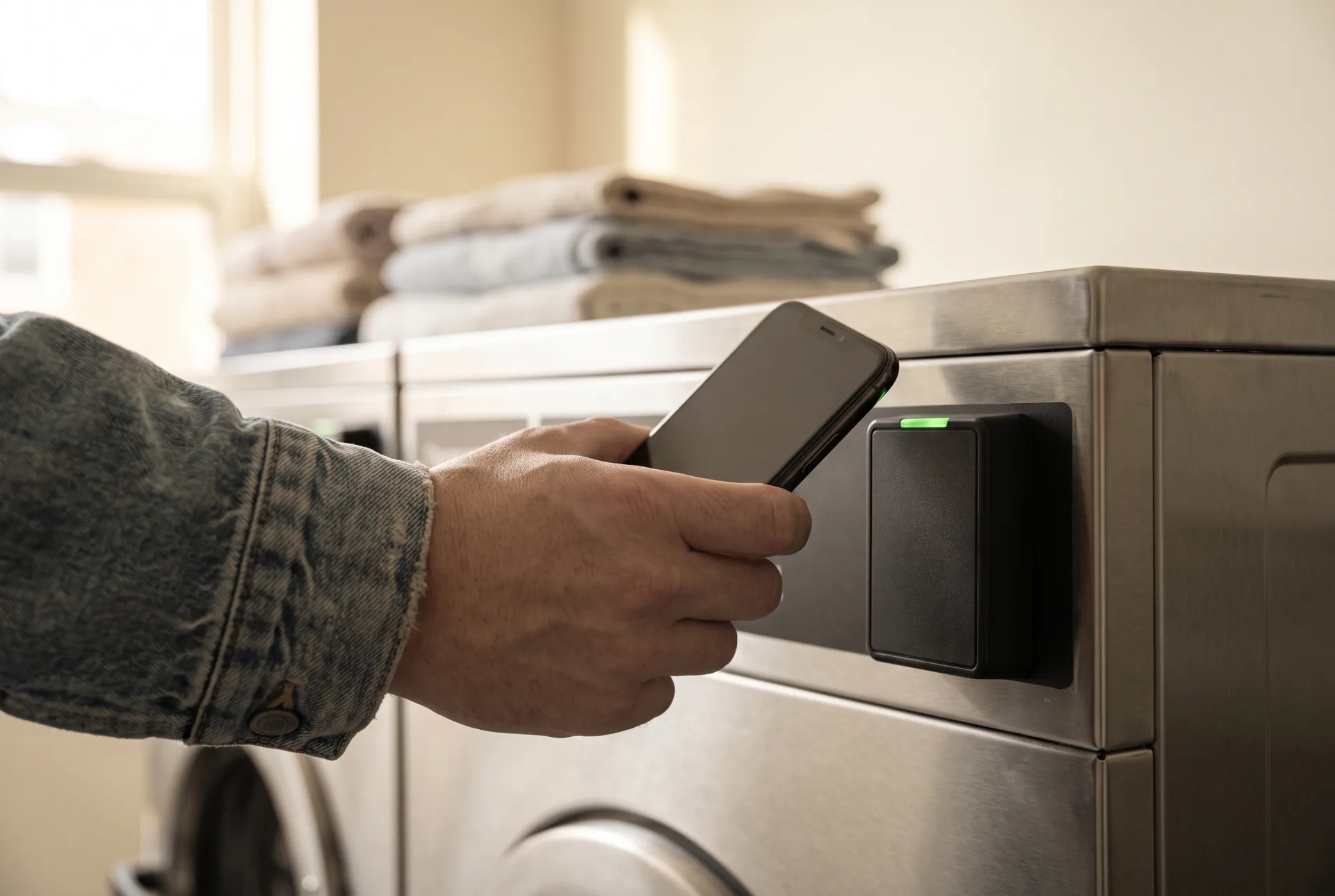 A hand holding a phone beside a small contactless payment reader on the front panel of a commercial washer.