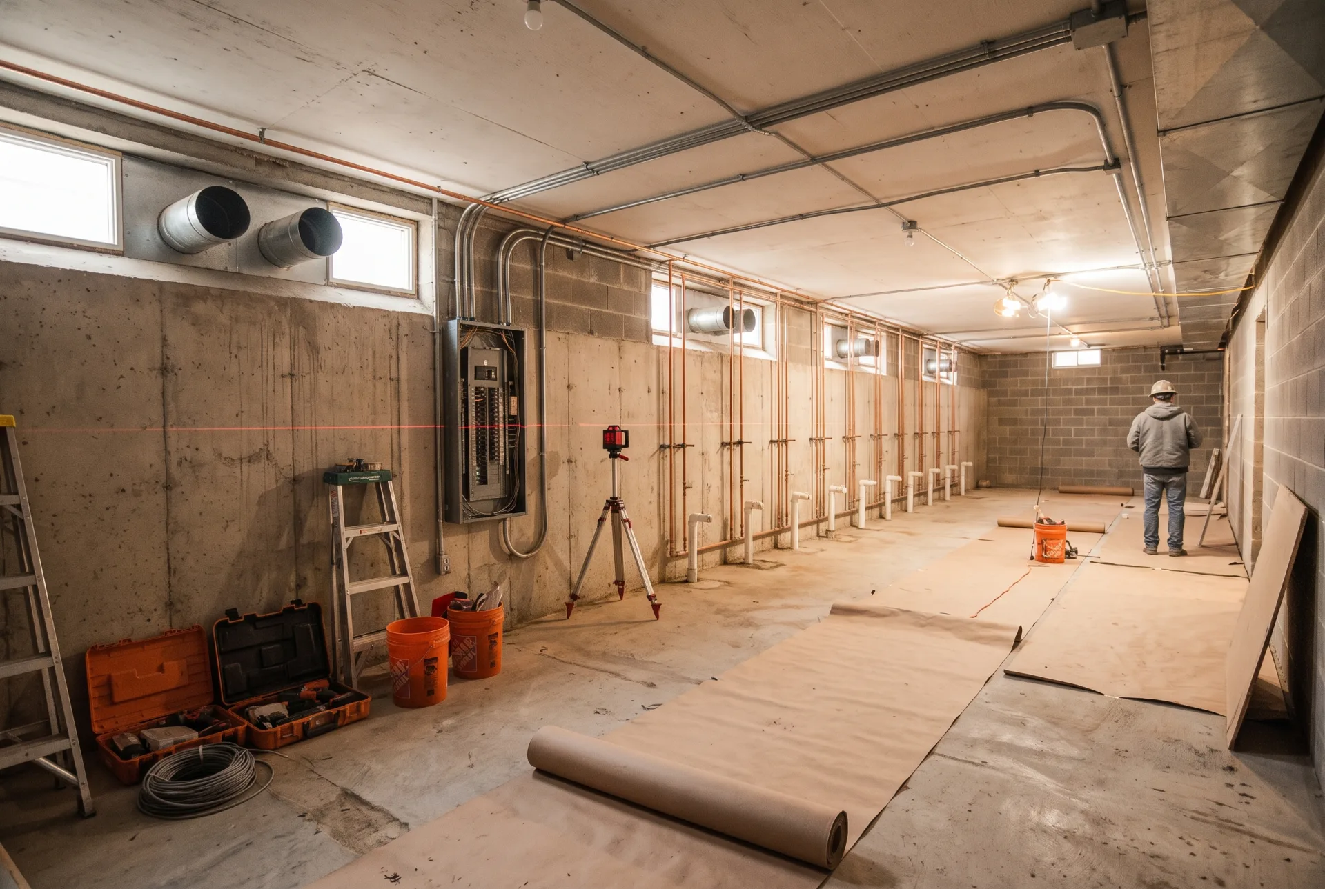 A large laundry facility stripped to bare block during renovation, with a long run of new water lines and drain stubs marking sixteen machine positions, fresh conduit and dryer vent penetrations.