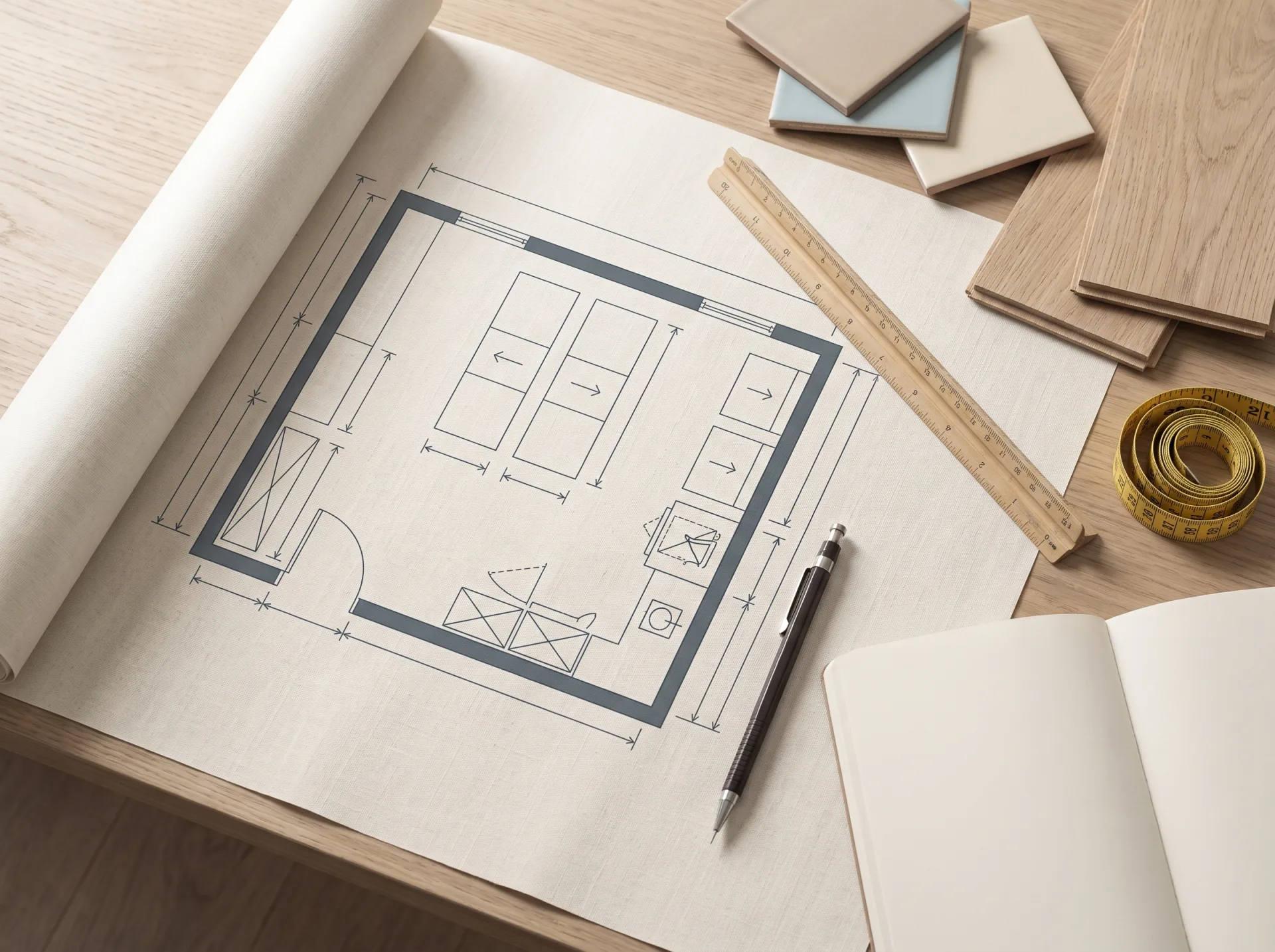 An equipment layout drawing rolled out on a work table with a scale ruler, pencil, tape measure and a small stack of tile and white oak samples.